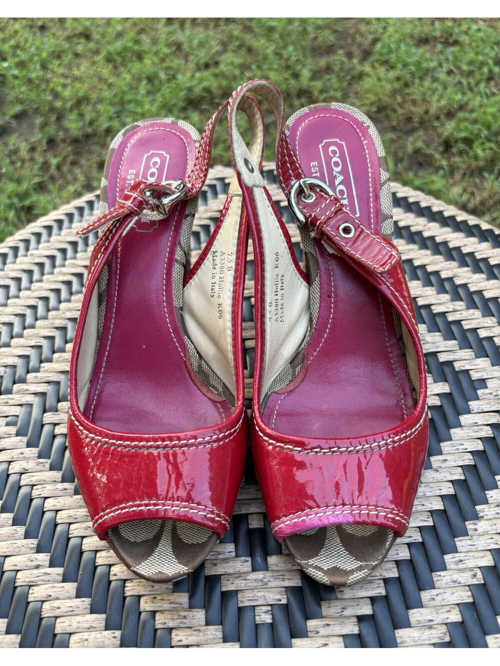Coach Hollie Red Patent Leather Signature Open Toe Slingback Block Heel 7.5